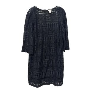 Chico's 3‎ Dress Womens XL-16 Black Crochet Lace 3/4 Sleeve Lined Eyelet Shift
